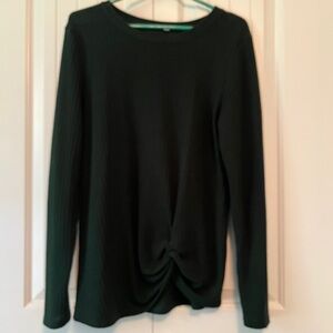 Waffle knit Long Sleeve Twist-Front Top in Dark Green
